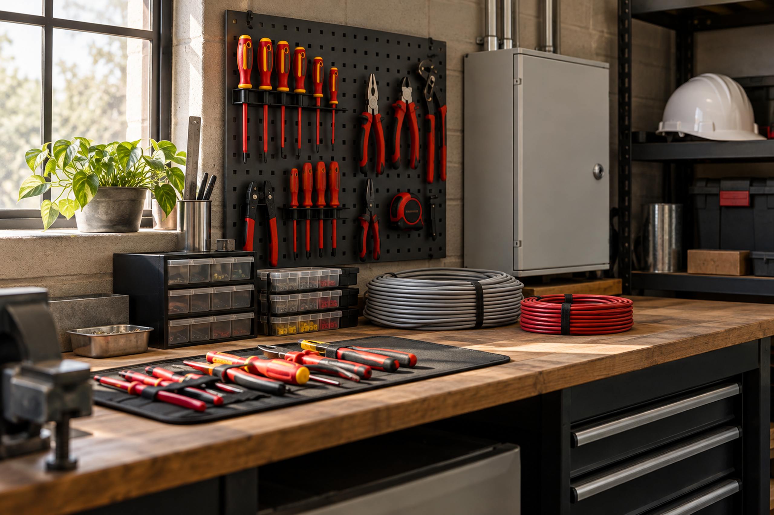 Organized electrical workshop with tools and equipment